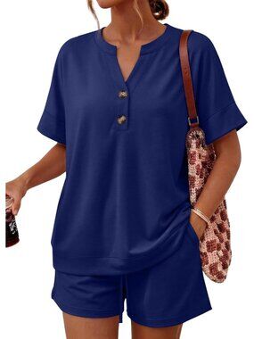 Women's Navy Blue 2 Piece Lounge Sets Oversized Henley Top & Shorts Soft Rayon